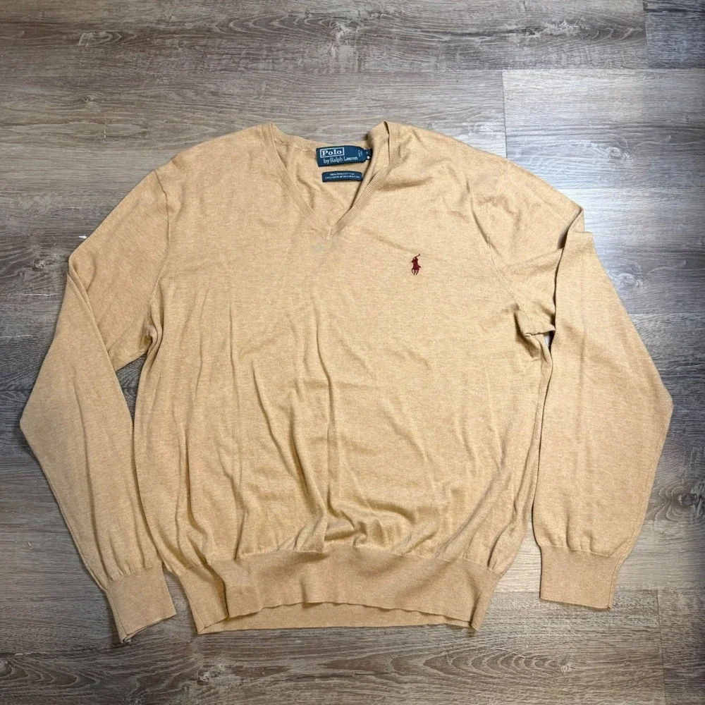 Polo Ralph Lauren Mens V Neck Sweater Tan 100 Pima Cotton Red Pony Logo Large